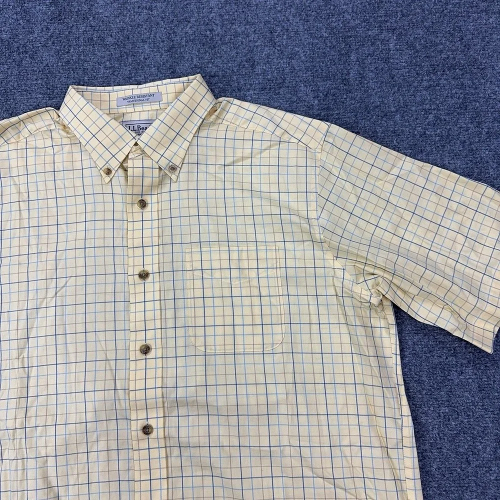 L.L. Bean Shirt Mens L Yellow Check Wrinkle Resistant Short Sleeve Button Down